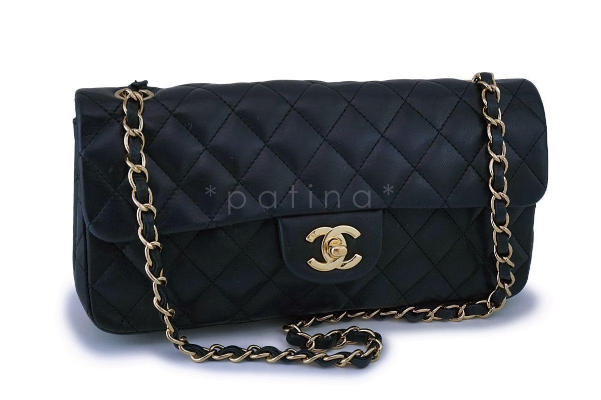 Chanel Black Lambskin East West Medium Classic Clutch Flap Bag 24k GHW