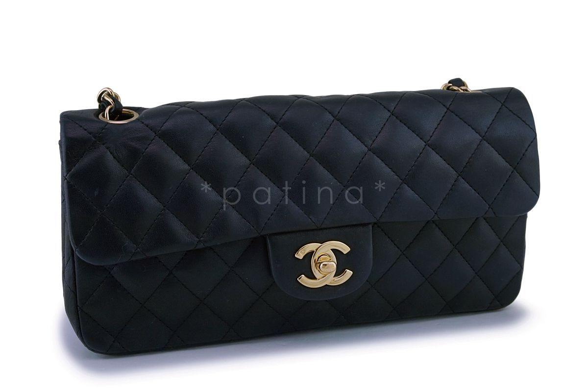 Chanel Black Lambskin East West Medium Classic Clutch Flap Bag 24k GHW