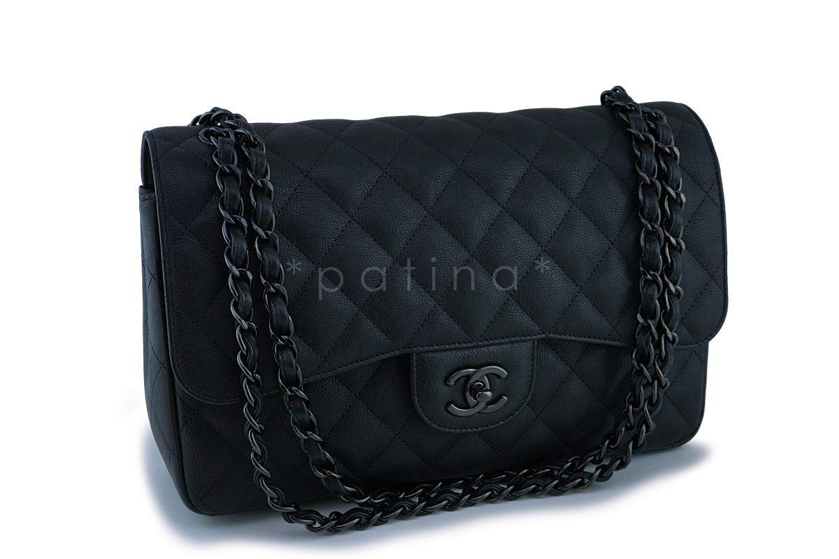 Rare Chanel So Black Crumpled Calf Jumbo Classic Double Flap Bag