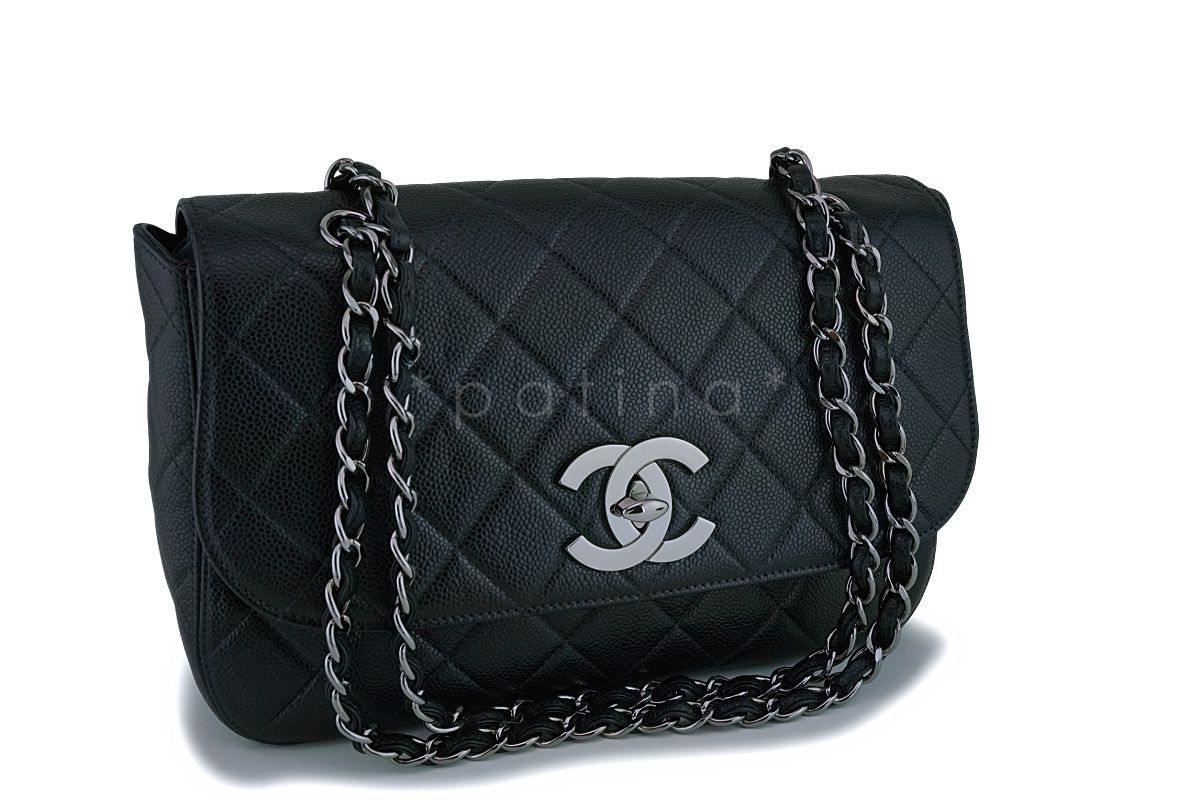 Rare Chanel Vintage Black Caviar Flap with Classic Jumbo CCs Bag RHW
