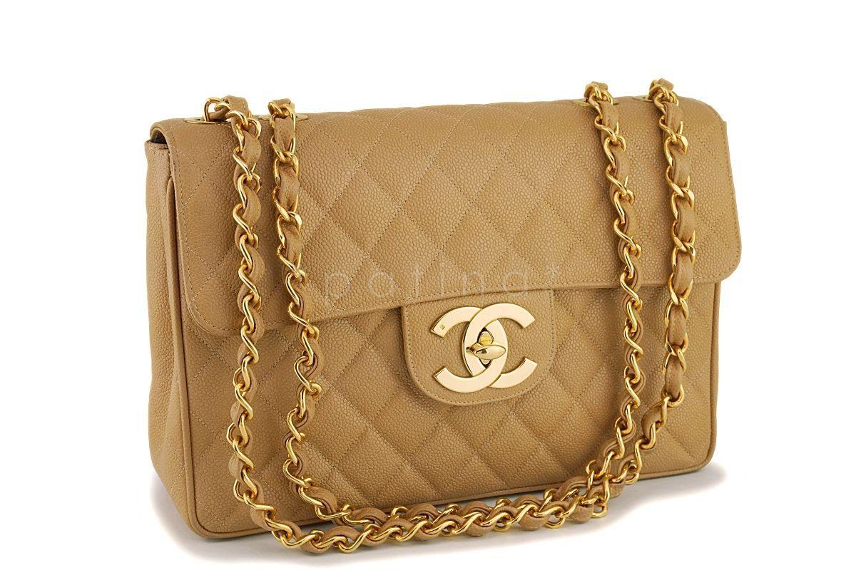 Chanel Vintage Camel Beige Caviar Jumbo Classic Flap Bag 24k GHW