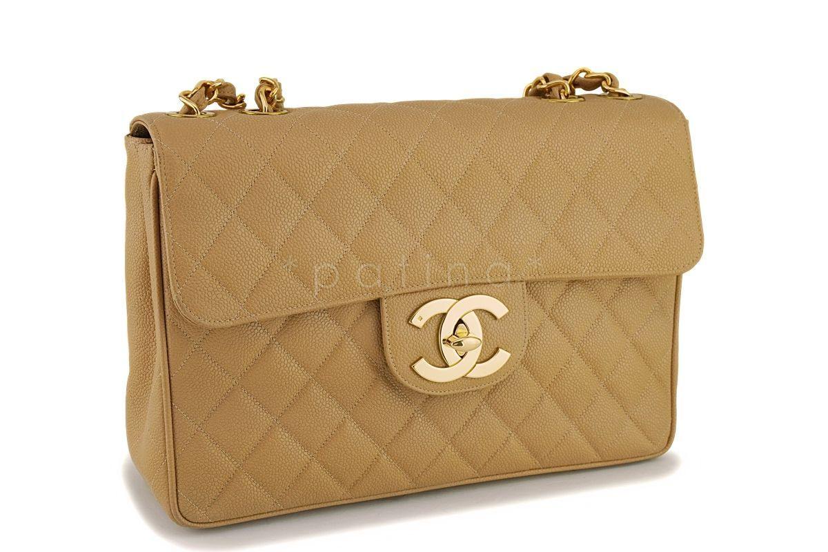 Chanel Vintage Camel Beige Caviar Jumbo Classic Flap Bag 24k GHW