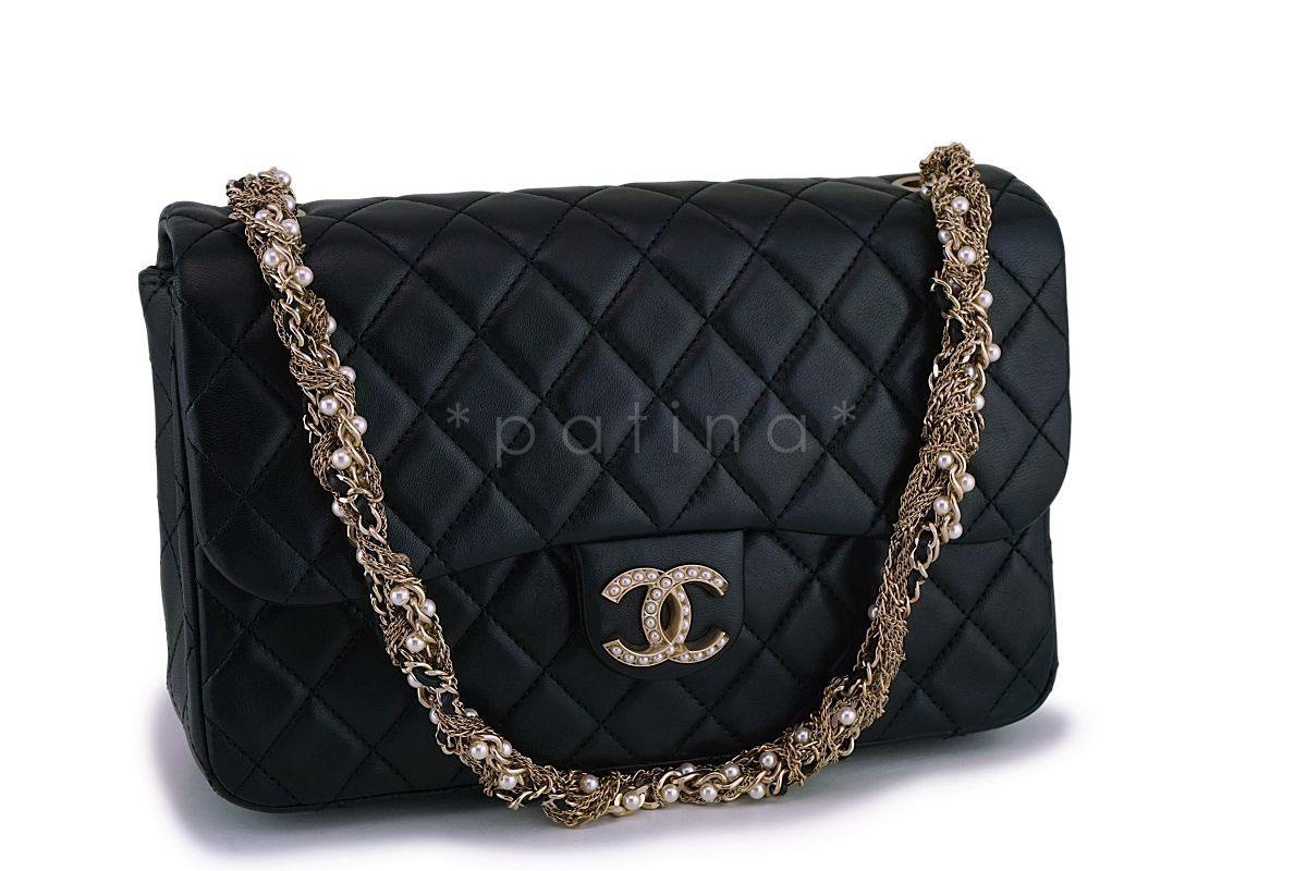 Chanel Black Lambskin Westminster Pearls Classic Flap Bag GHW