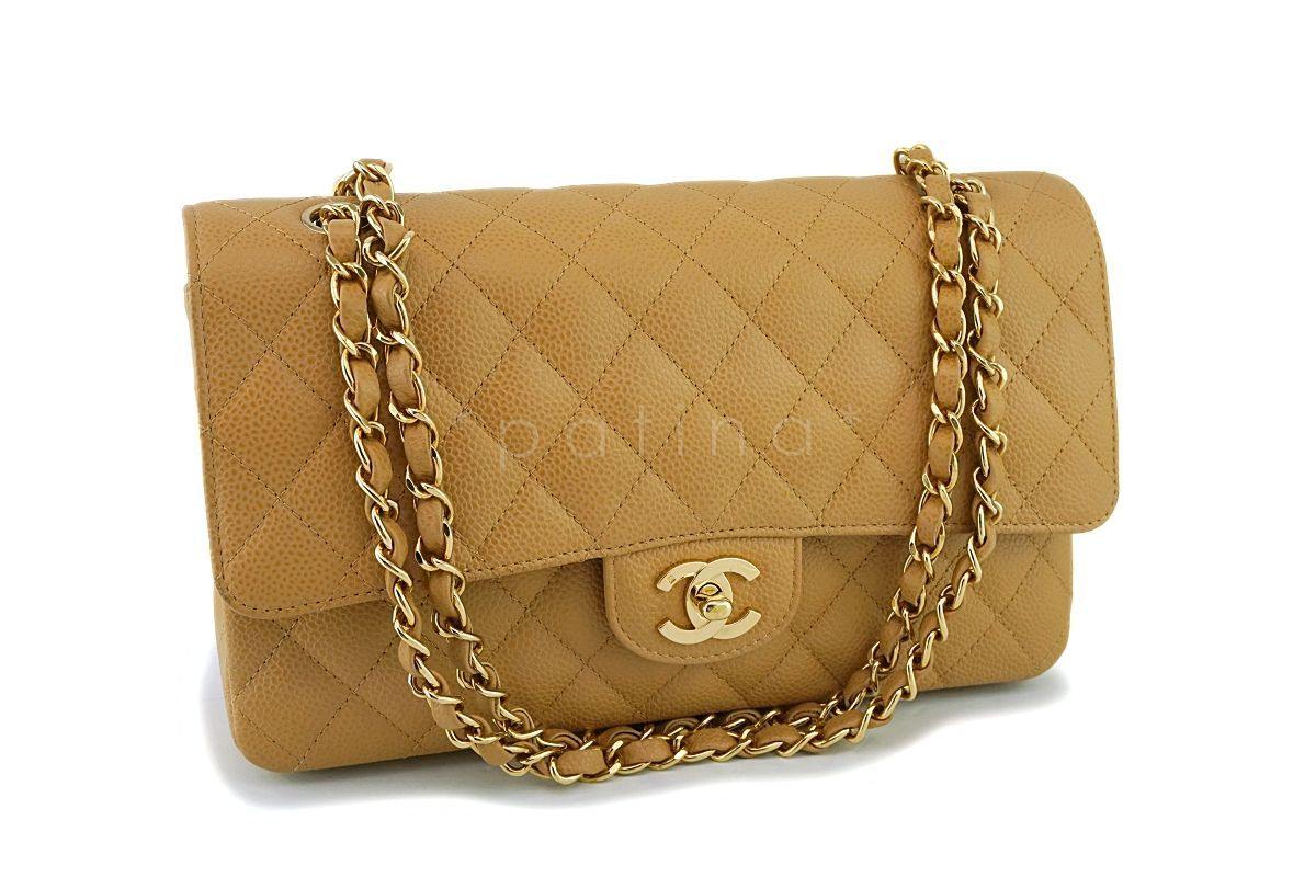 Chanel Camel Beige Caviar Medium Classic Double Flap Bag 24k GHW