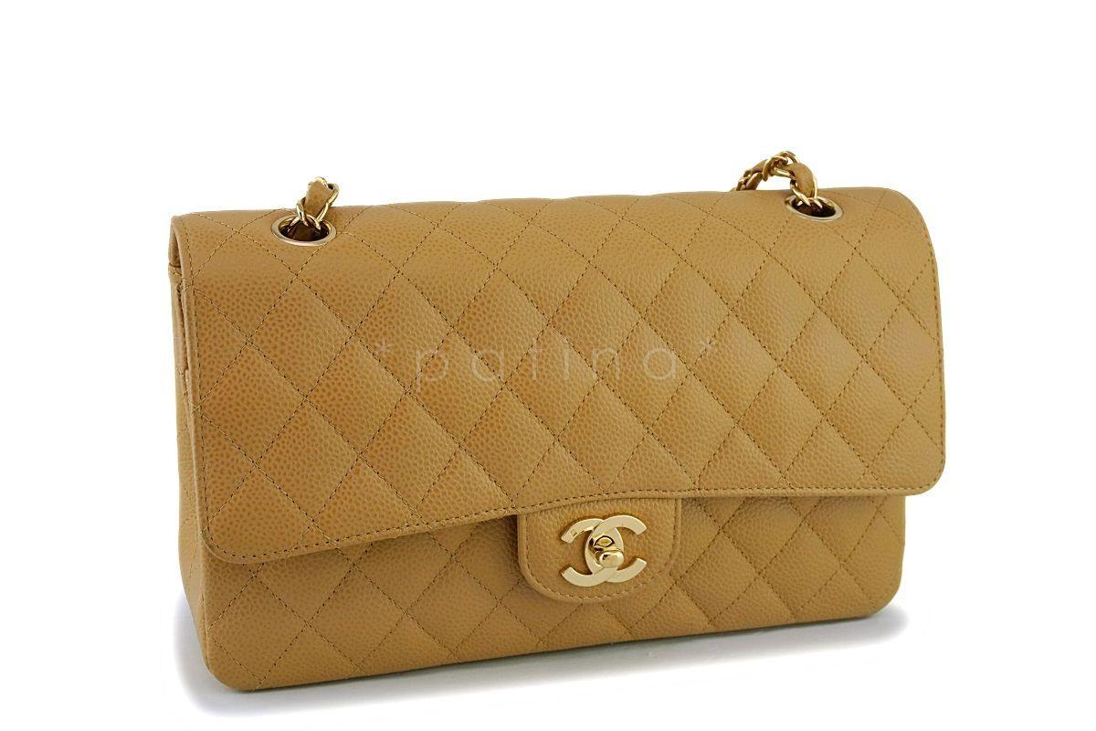 Chanel Camel Beige Caviar Medium Classic Double Flap Bag 24k GHW