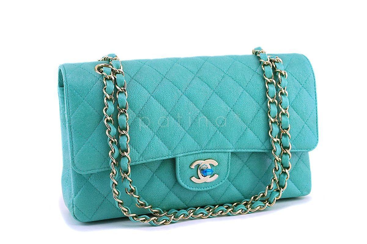 NIB 19S Chanel Iridescent Turquoise Green Caviar Medium Classic Double Flap Bag GHW