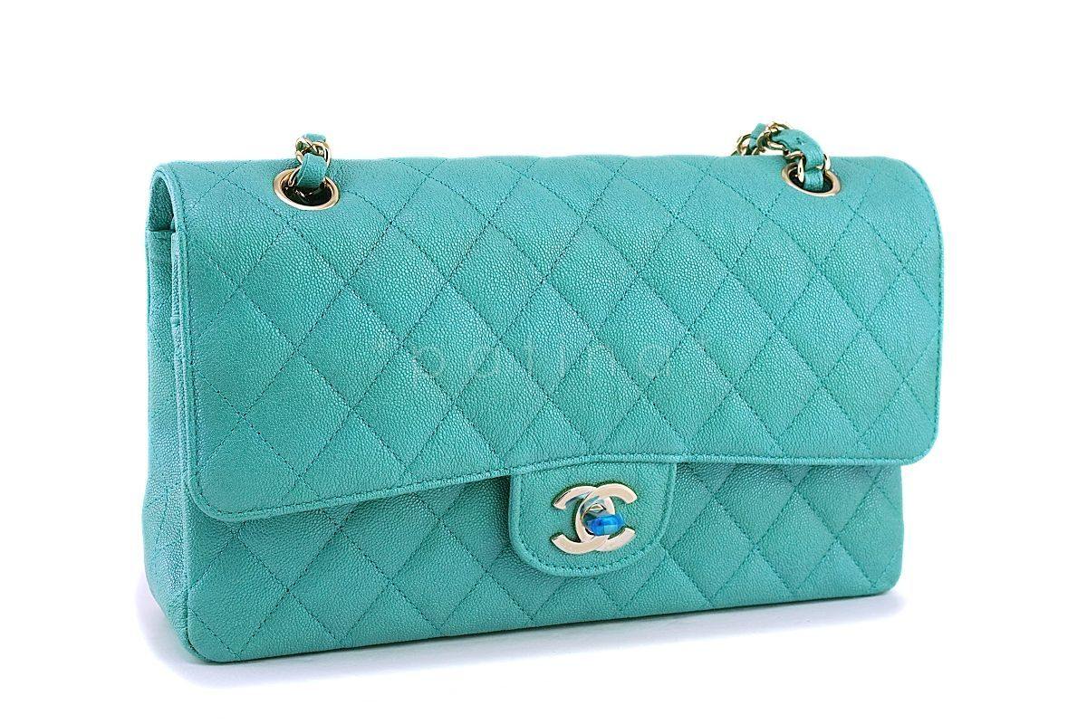 NIB 19S Chanel Iridescent Turquoise Green Caviar Medium Classic Double Flap Bag GHW