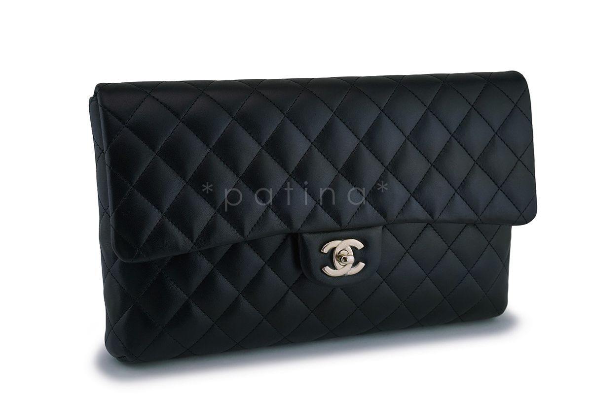 NIB 18B Chanel Black Lambskin Timeless Classic Clutch Bag GHW