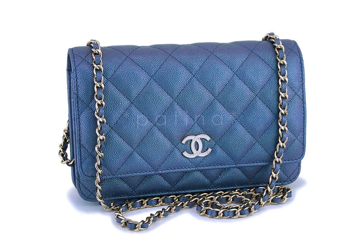 NIB 19S Chanel Iridescent Blue Pearly CC Wallet on Chain WOC Flap Bag