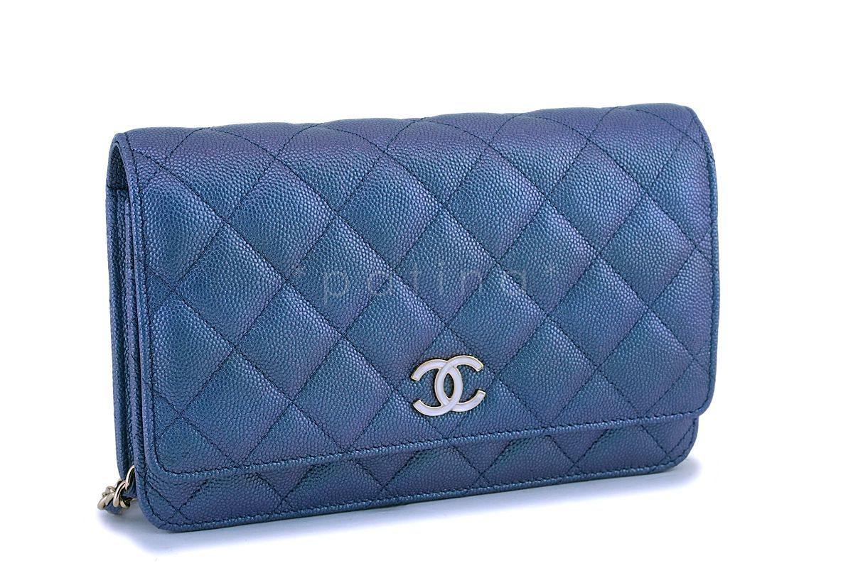 NIB 19S Chanel Iridescent Blue Pearly CC Wallet on Chain WOC Flap Bag
