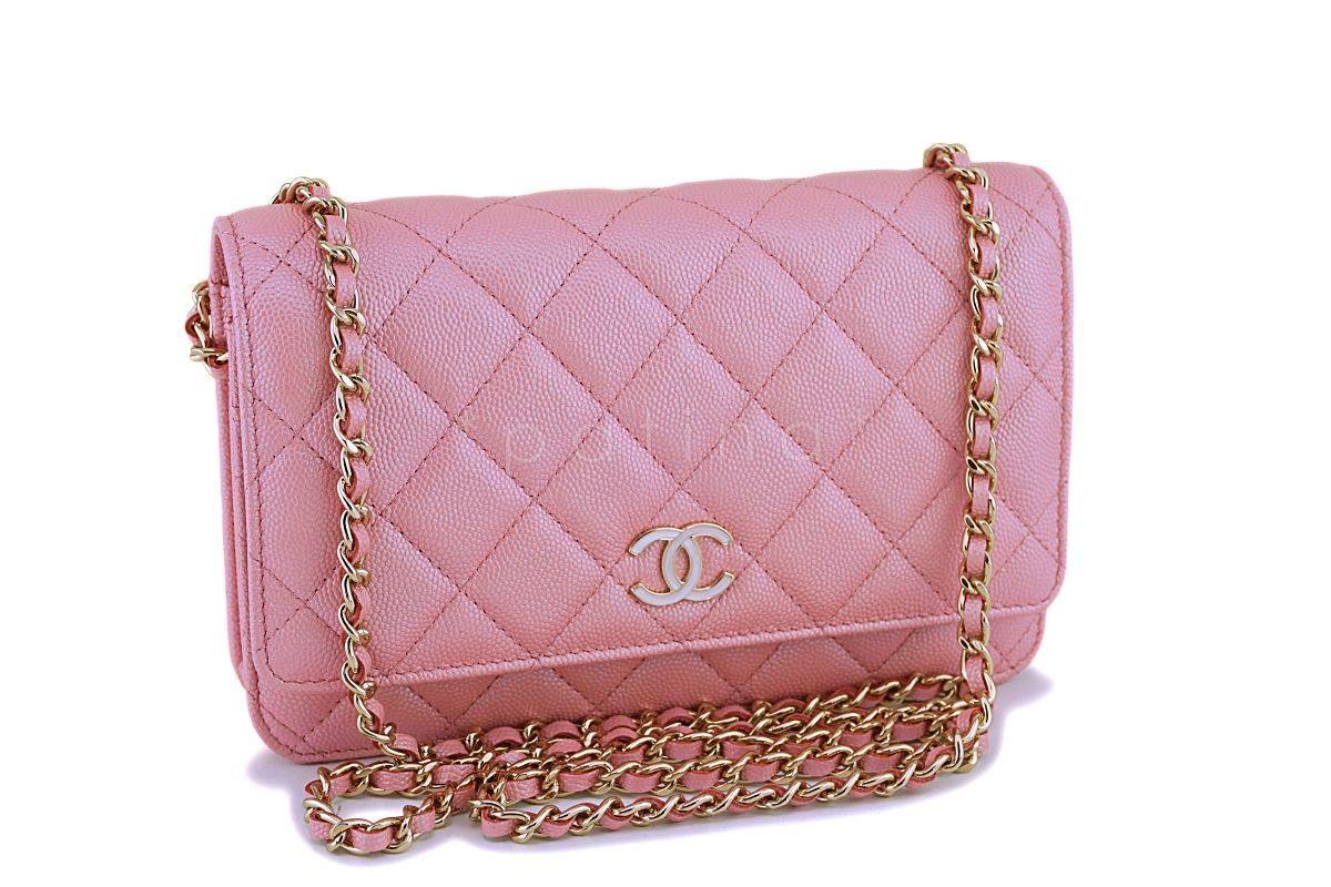 NIB 19S Chanel Iridescent Pink Caviar Classic Wallet on Chain Pearly CC WOC Bag