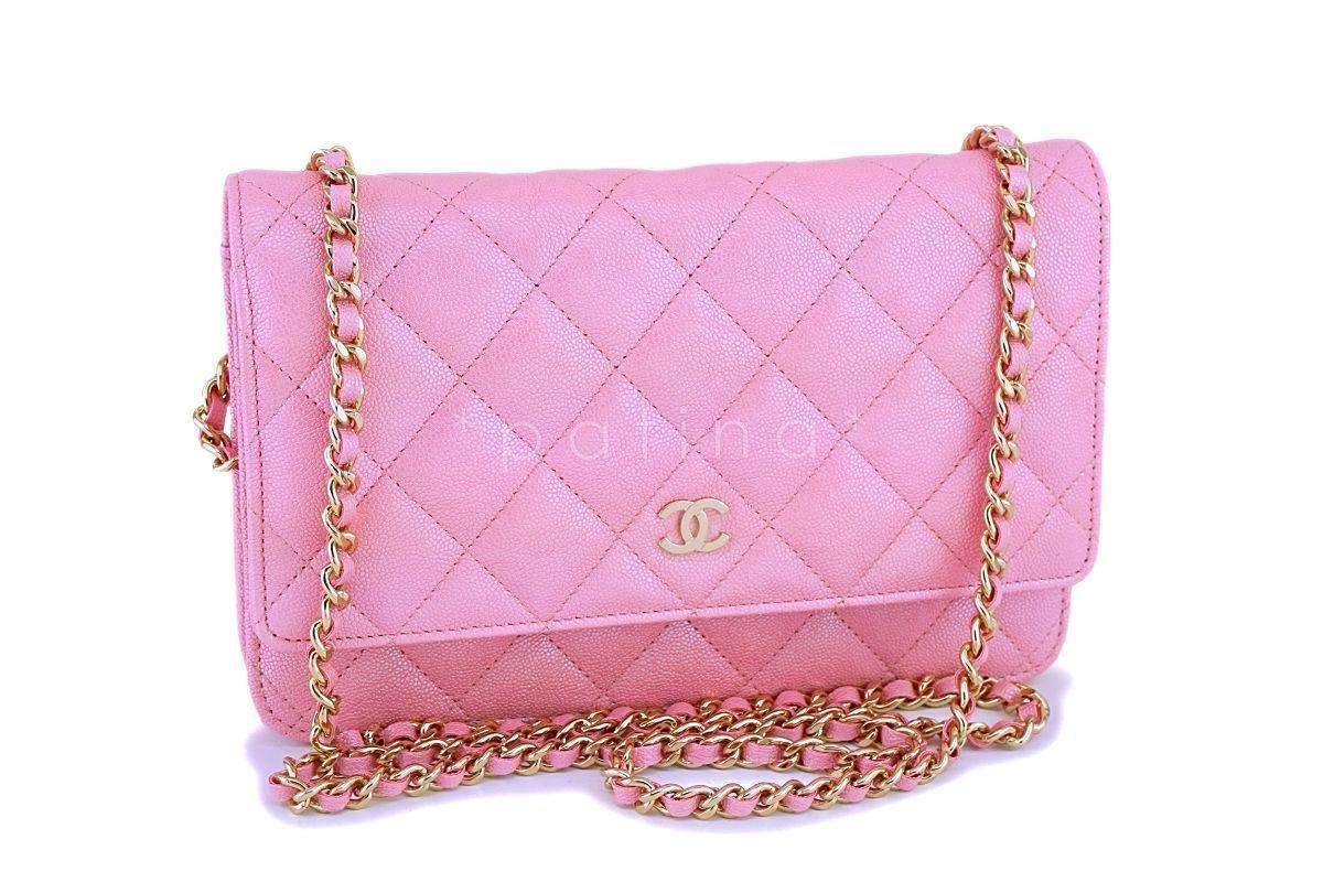 NIB 19S Chanel Iridescent Pearly Pink Caviar Wallet on Chain WOC Flap Bag
