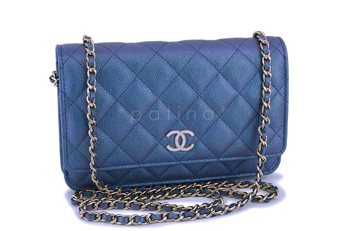 NIB 19S Chanel Iridescent Blue Pearly CC Wallet on Chain WOC Flap Bag