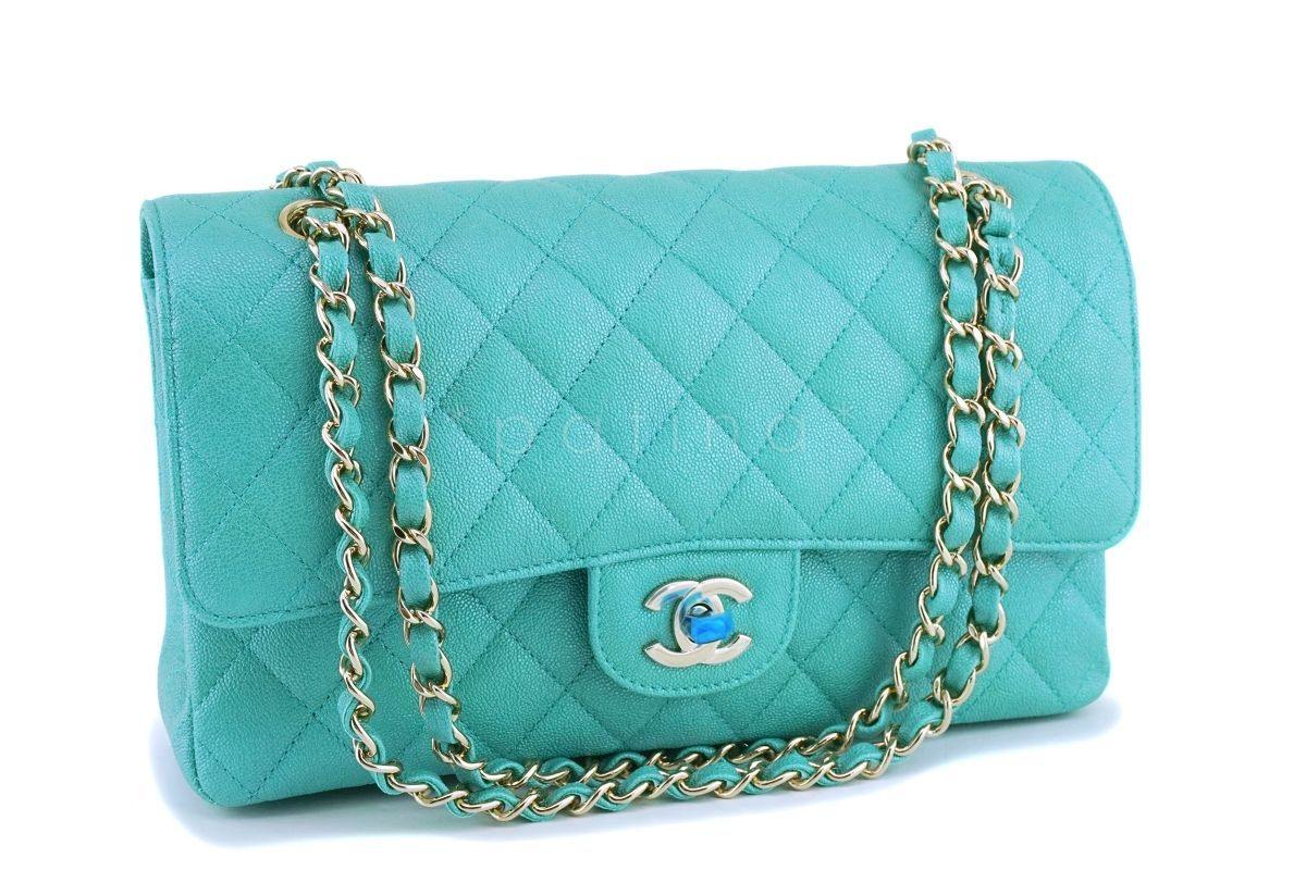NIB 19S Chanel Iridescent Turquoise Green Caviar Medium Classic Double Flap Bag GHW