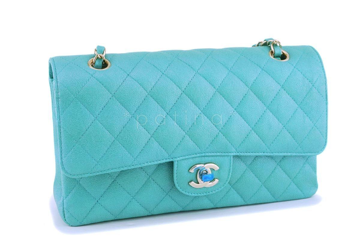 NIB 19S Chanel Iridescent Turquoise Green Caviar Medium Classic Double Flap Bag GHW