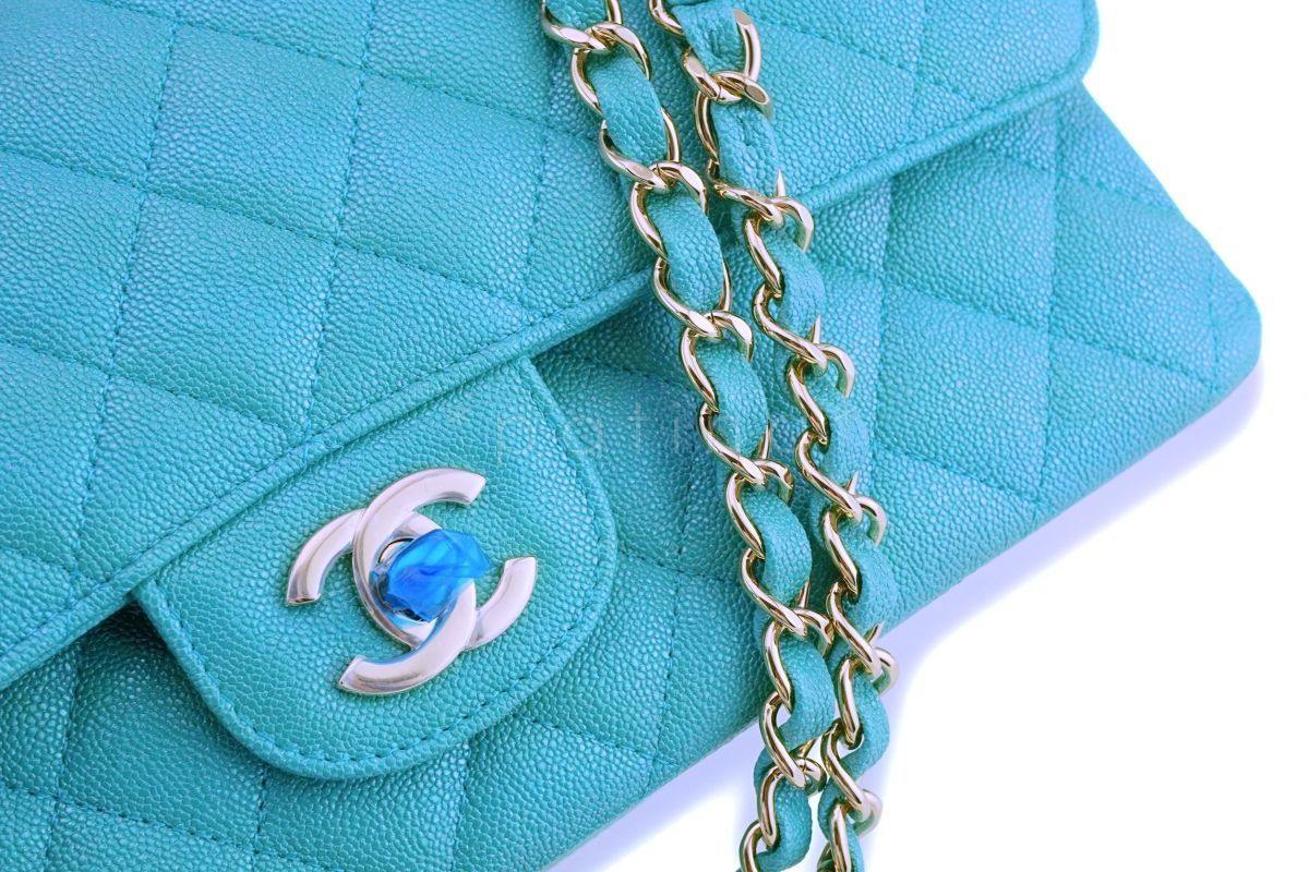 NIB 19S Chanel Iridescent Turquoise Green Caviar Medium Classic Double Flap Bag GHW