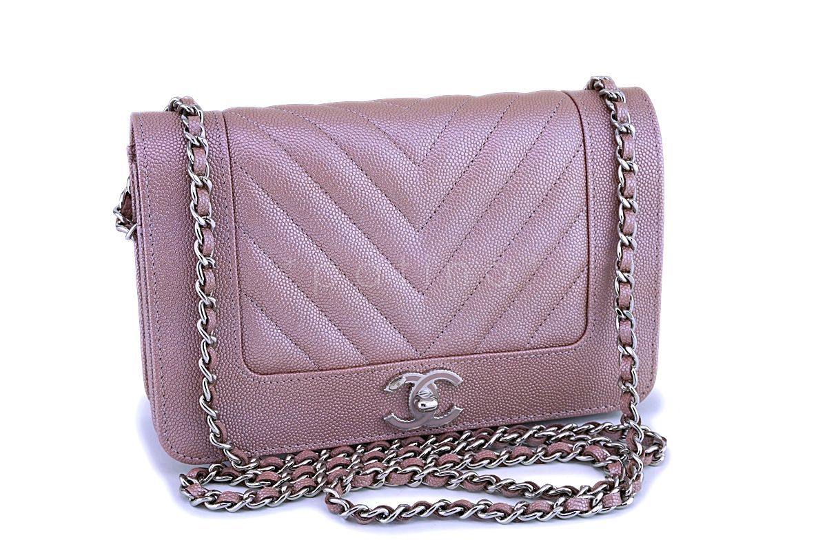 NIB 19P Chanel Pink Caviar Rose Gold Chevron Wallet on Chain WOC Flap Bag