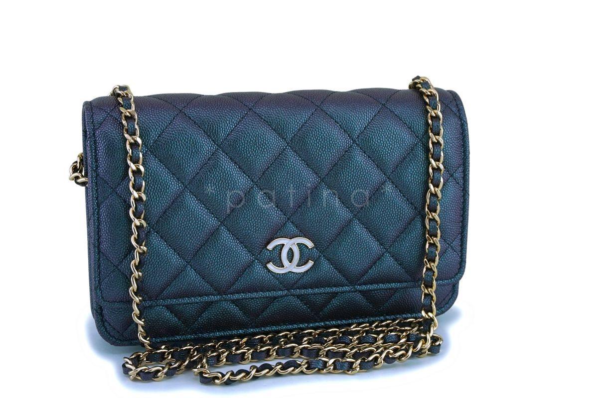 NIB 19S Chanel Iridescent Black Caviar Classic Wallet on Chain Pearly CC WOC Bag