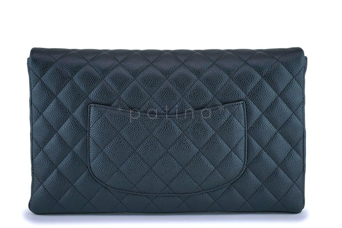 NIB 18S Chanel Iridescent Charcoal Gray Caviar Timeless Classic Clutch Bag GHW