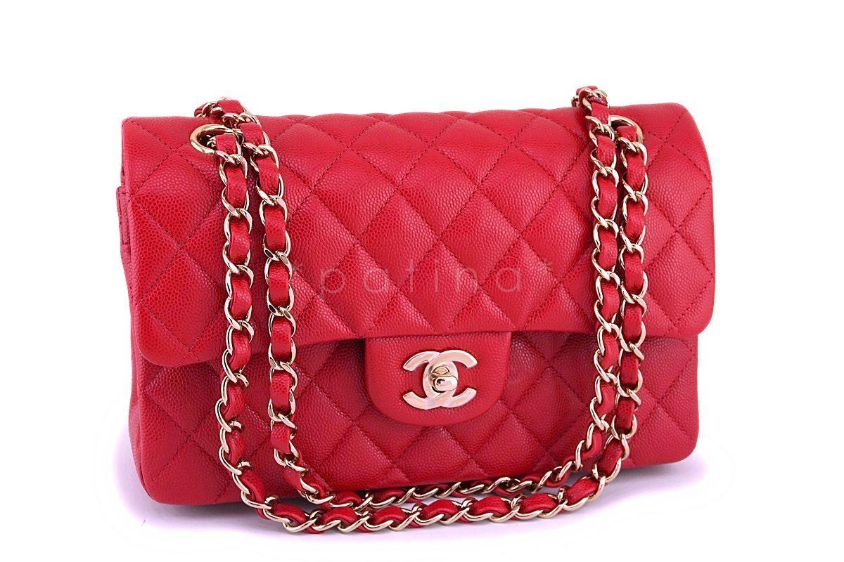 NIB 19B Chanel Red Caviar Small Classic Double Flap Bag GHW