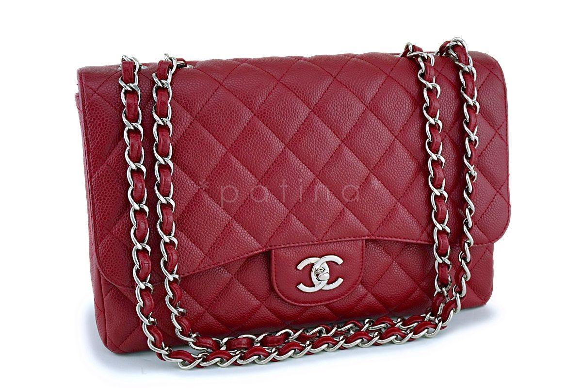 Exc Rare 09A Chanel Red Caviar Jumbo Classic Flap Bag SHW