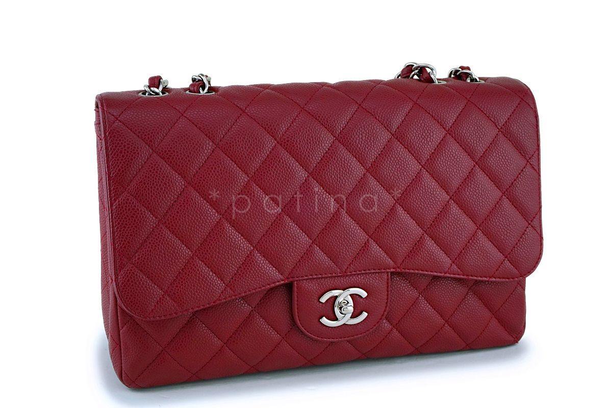 Exc Rare 09A Chanel Red Caviar Jumbo Classic Flap Bag SHW
