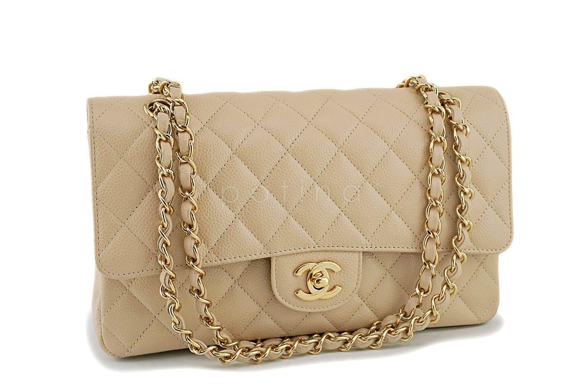 Chanel Beige Clair Caviar Medium Classic Double Flap Bag GHW