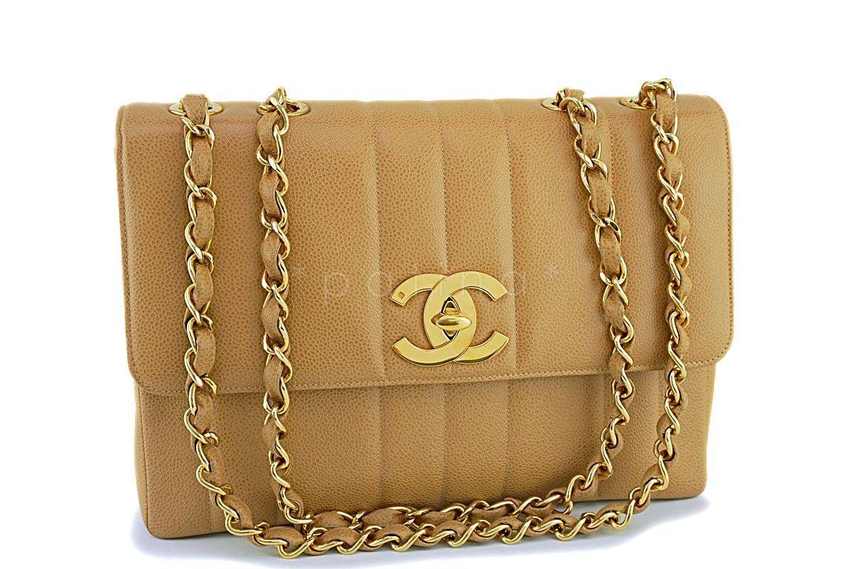 Chanel Vintage Beige Caviar Jumbo Classic Mademoiselle Flap Bag 24k GHW