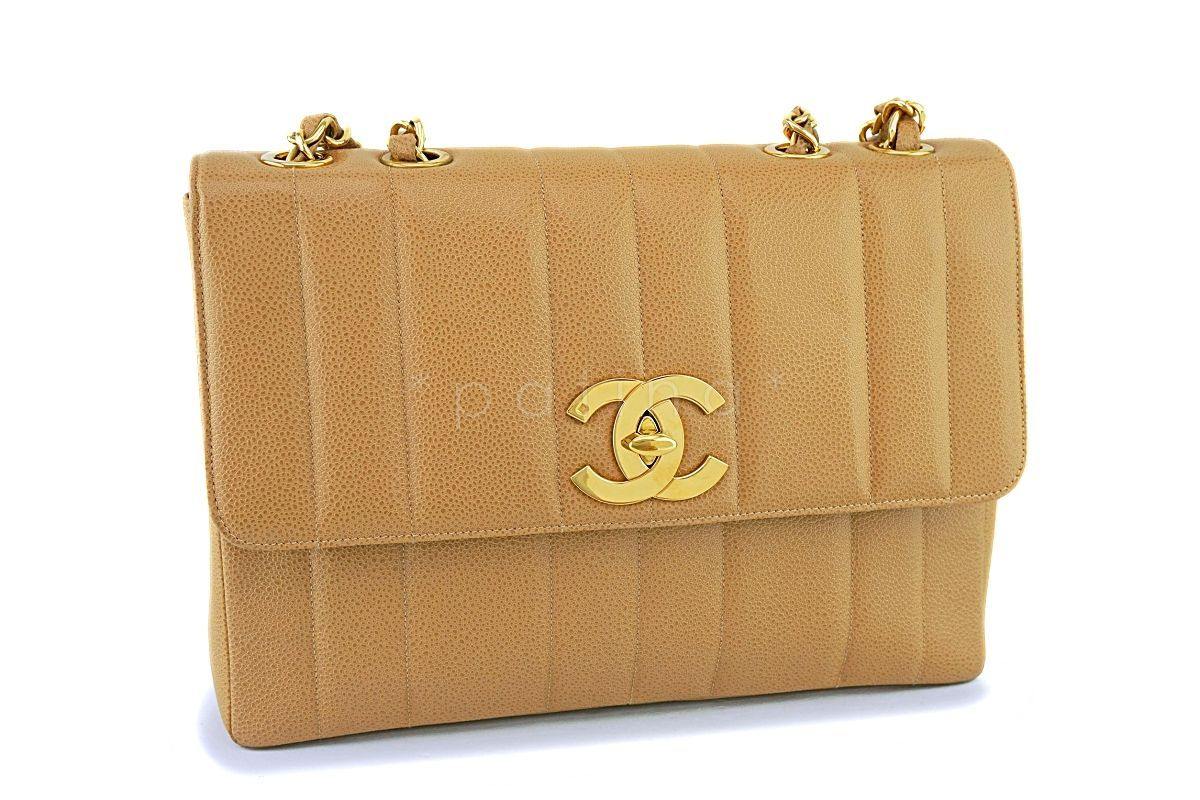 Chanel Vintage Beige Caviar Jumbo Classic Mademoiselle Flap Bag 24k GHW