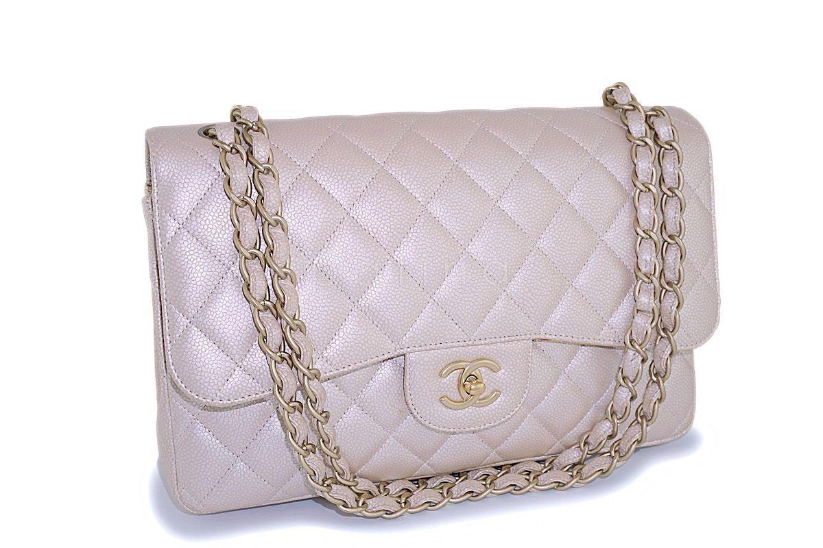 Rare Chanel 12P Pearly Beige-Rose Caviar Jumbo Double Flap Bag Brushed Gold