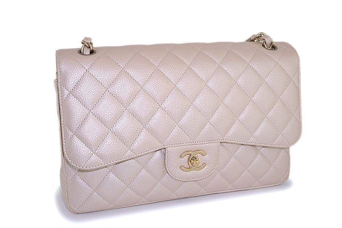 Rare Chanel 12P Pearly Beige-Rose Caviar Jumbo Double Flap Bag Brushed Gold