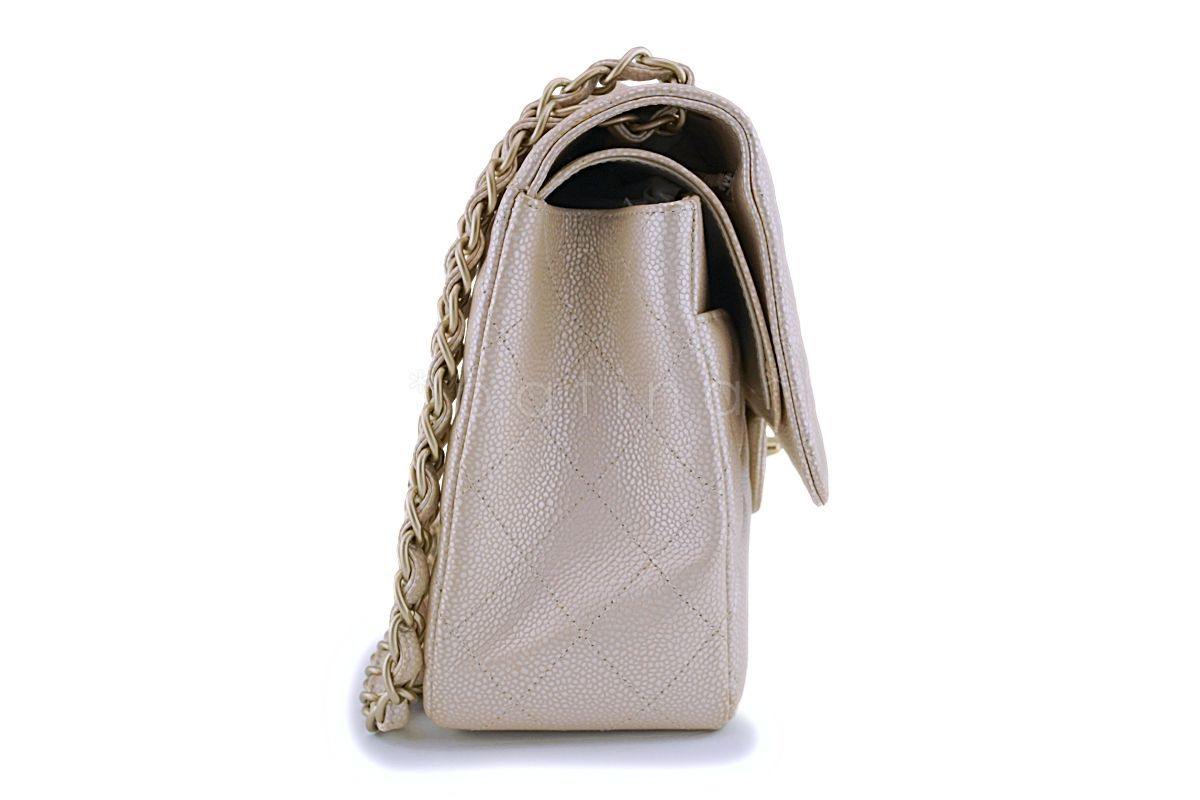Rare Chanel 12P Pearly Beige-Rose Caviar Jumbo Double Flap Bag Brushed Gold