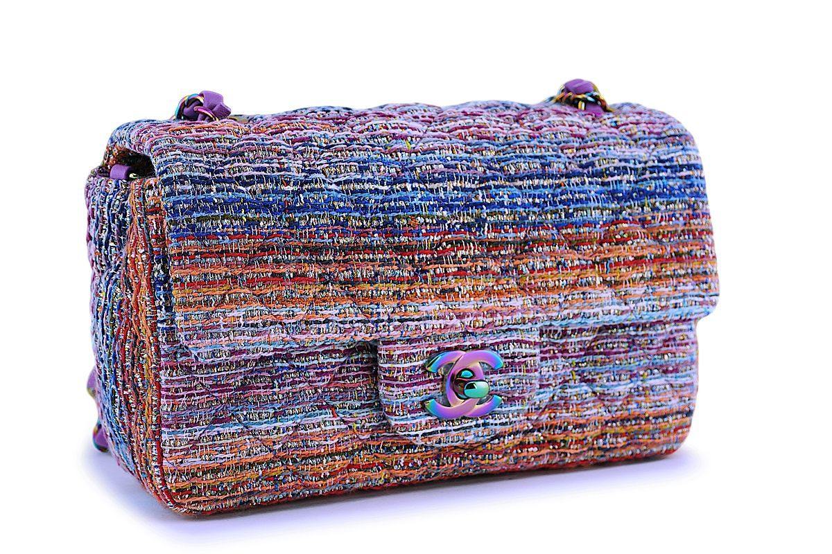 NIB 20C Chanel Purple Tweed Rectangular Classic Mini Flap Bag Rainbow Iridescent HW