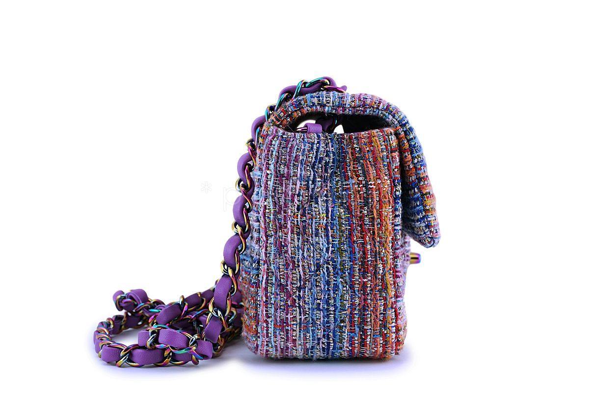 NIB 20C Chanel Purple Tweed Rectangular Classic Mini Flap Bag Rainbow Iridescent HW