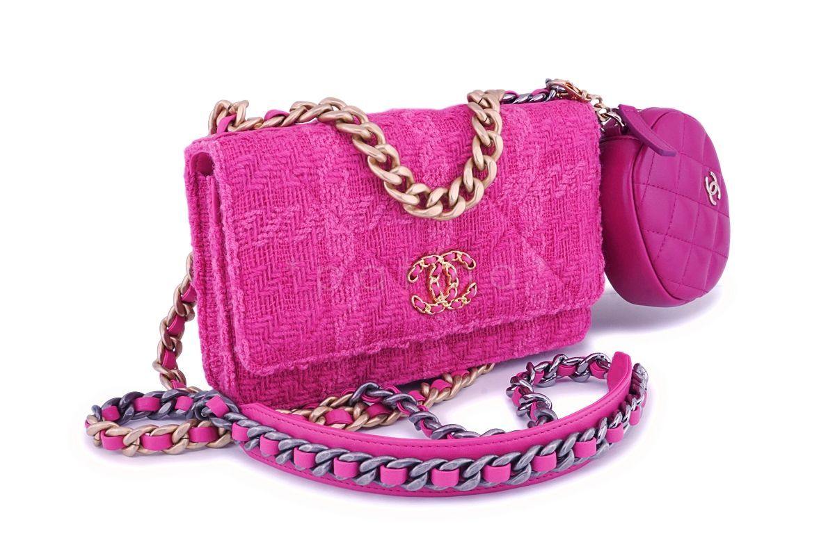 NIB 19K Chanel 19 Fuchsia Pink Tweed Wallet on Chain WOC Flap Bag