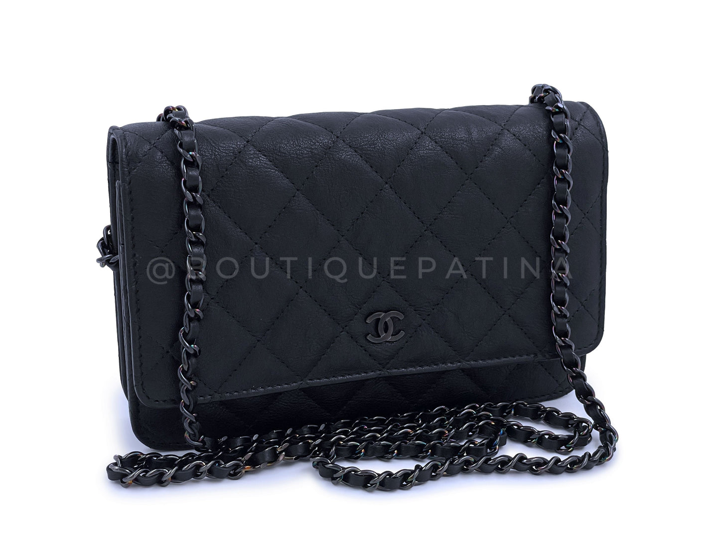 NIB 17S Chanel So Black Classic WOC Wallet on Chain Flap Bag Crumpled Calfskin