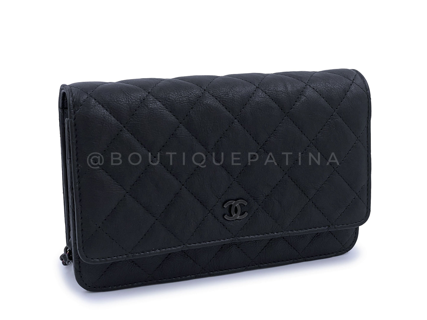 NIB 17S Chanel So Black Classic WOC Wallet on Chain Flap Bag Crumpled Calfskin