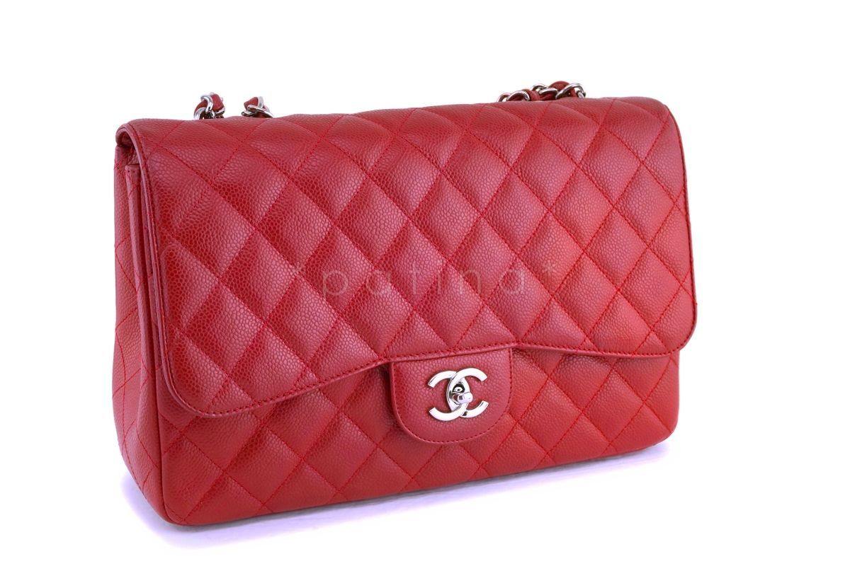 Rare 10C Chanel Red Caviar Jumbo Classic Flap Bag SHW