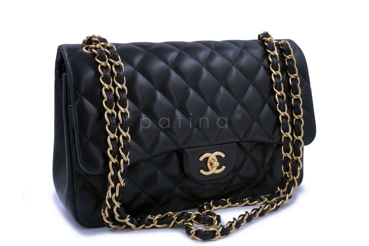 Chanel Black Lambskin Jumbo Classic Double Flap Bag GHW