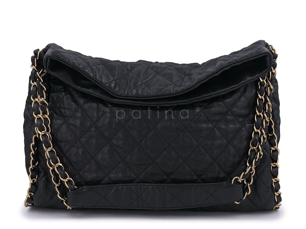 Chanel Black Aged Calfskin Chain Around XL Hobo Tote Bag