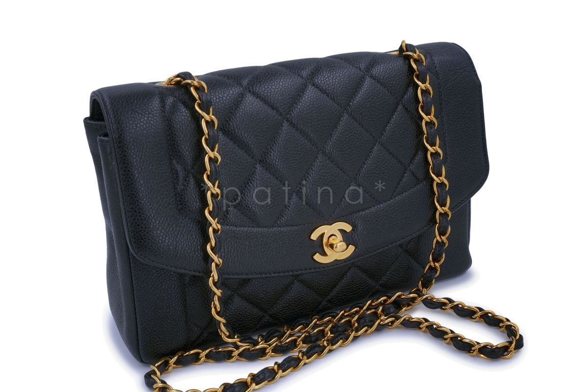 Chanel Vintage Black Caviar Classic Diana Bag Pocket 24k GHW