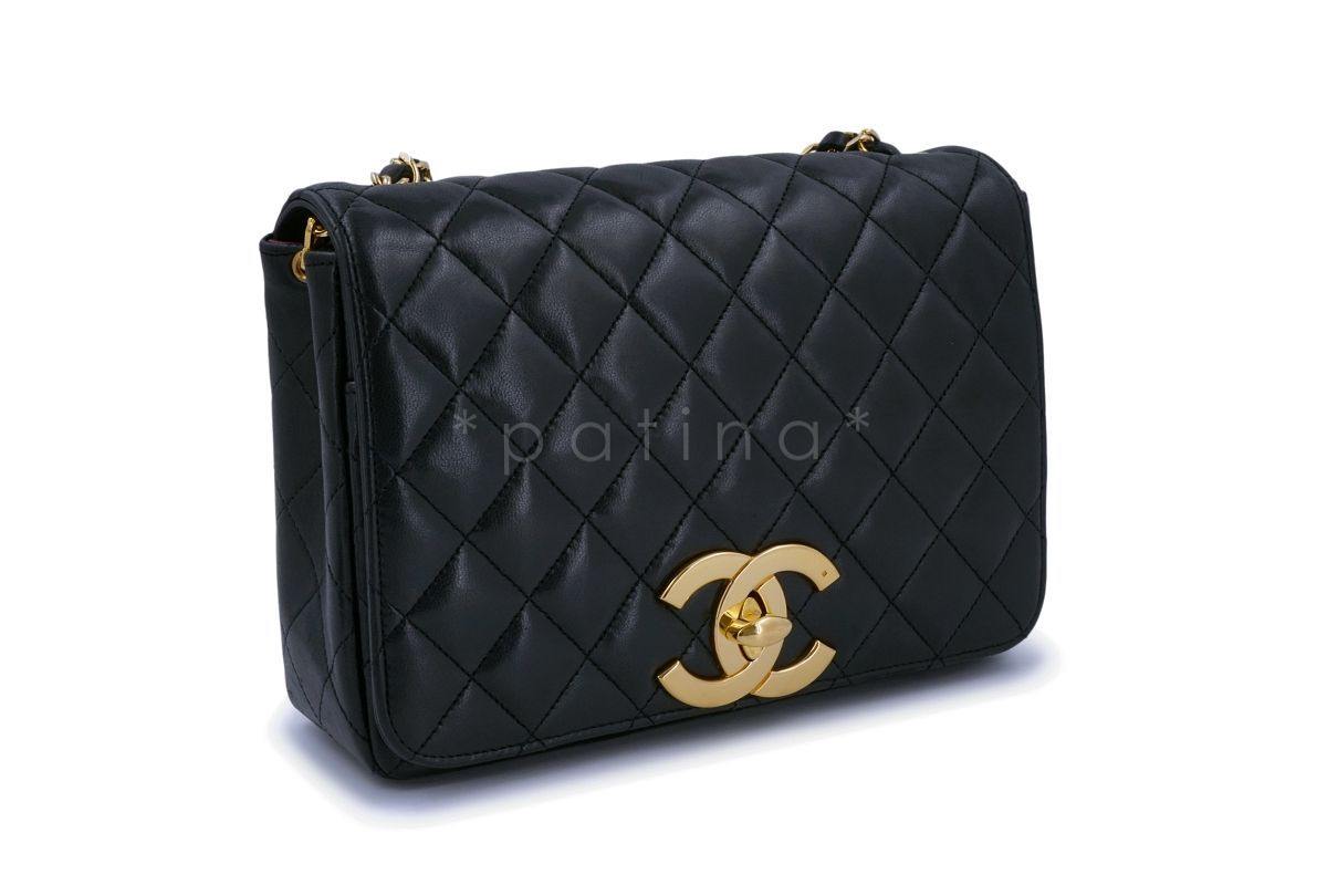 Rare Chanel Vintage Black Lambskin Full Flap Crossbody Bag 24k GHW