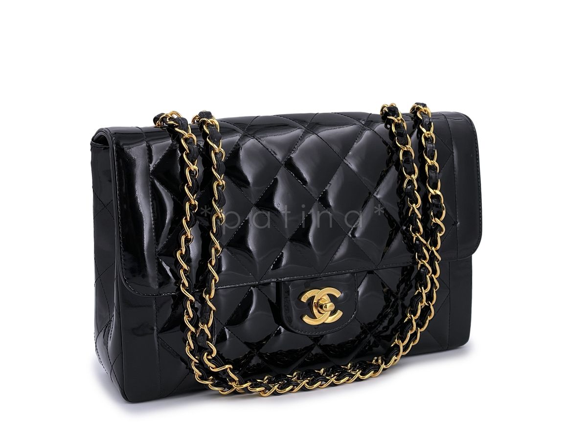 Chanel Vintage Patent Black Medium Classic Single Flap Bag 24k GHW