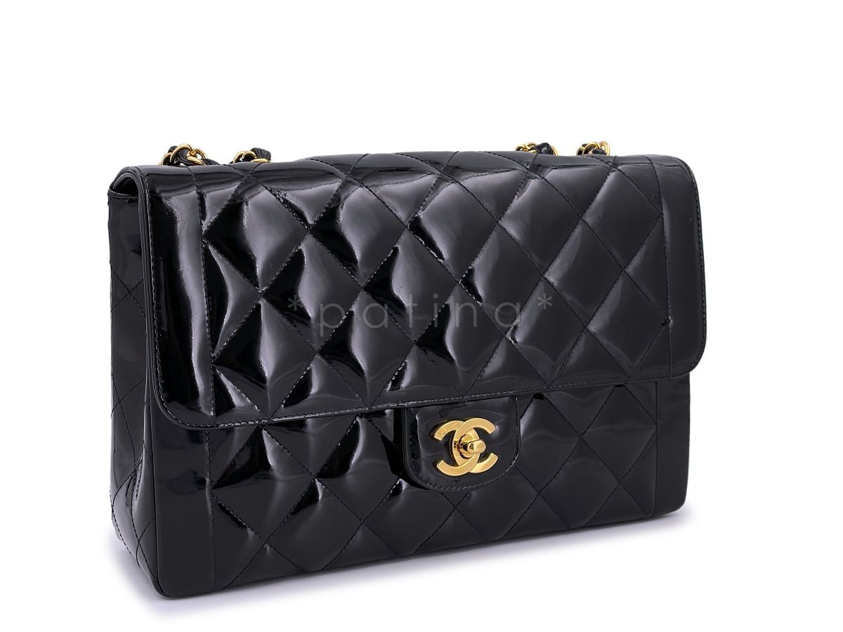 Chanel Vintage Patent Black Medium Classic Single Flap Bag 24k GHW