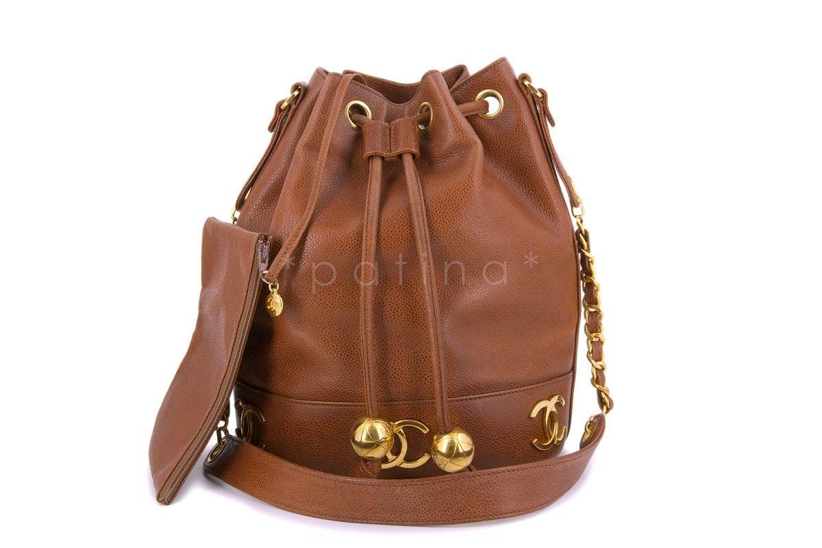 Chanel Vintage Caramel Beige Brown Caviar Bucket Drawstring Bag 24k GHW
