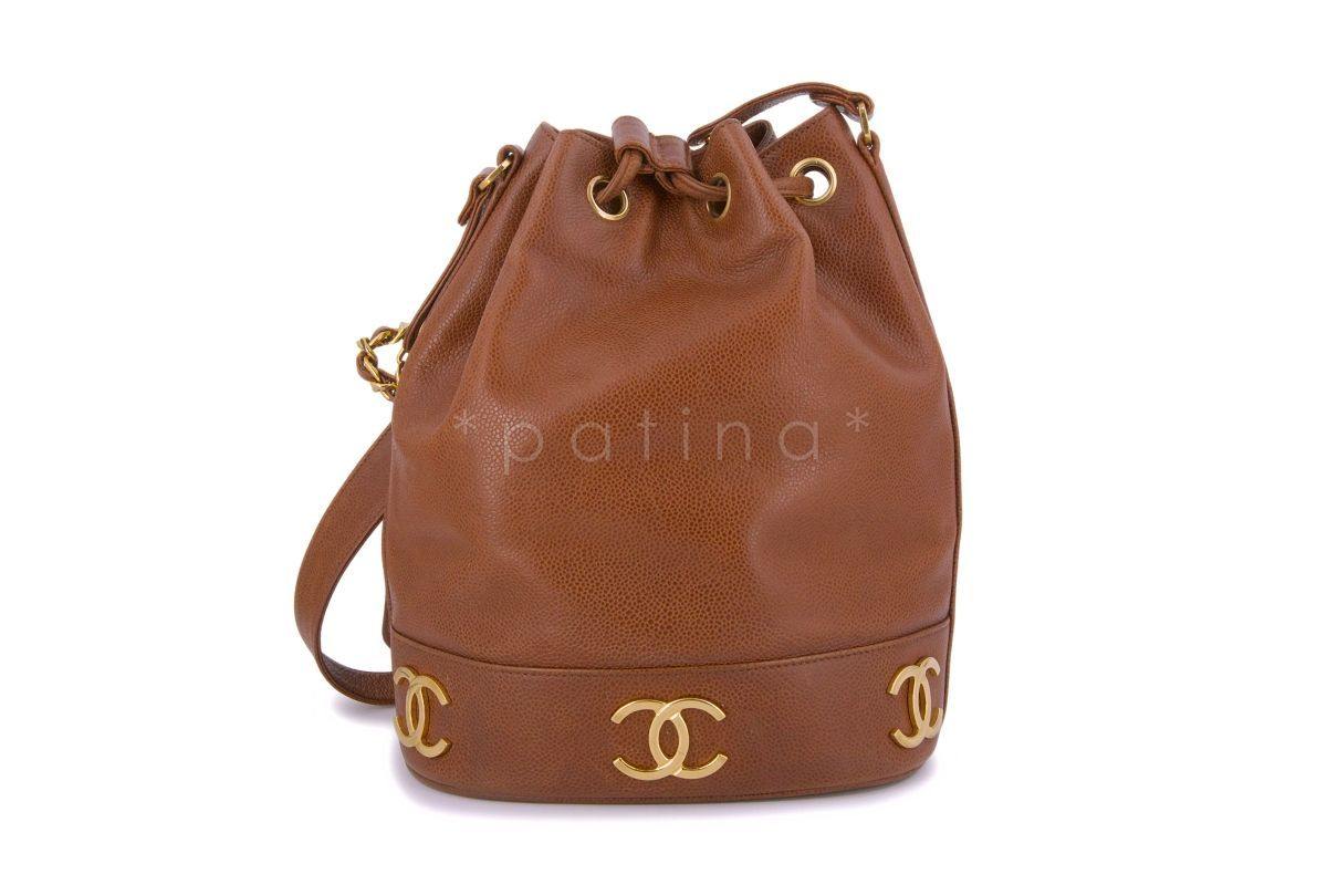Chanel Vintage Caramel Beige Brown Caviar Bucket Drawstring Bag 24k GHW