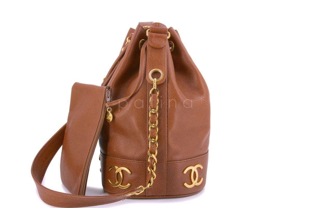 Chanel Vintage Caramel Beige Brown Caviar Bucket Drawstring Bag 24k GHW