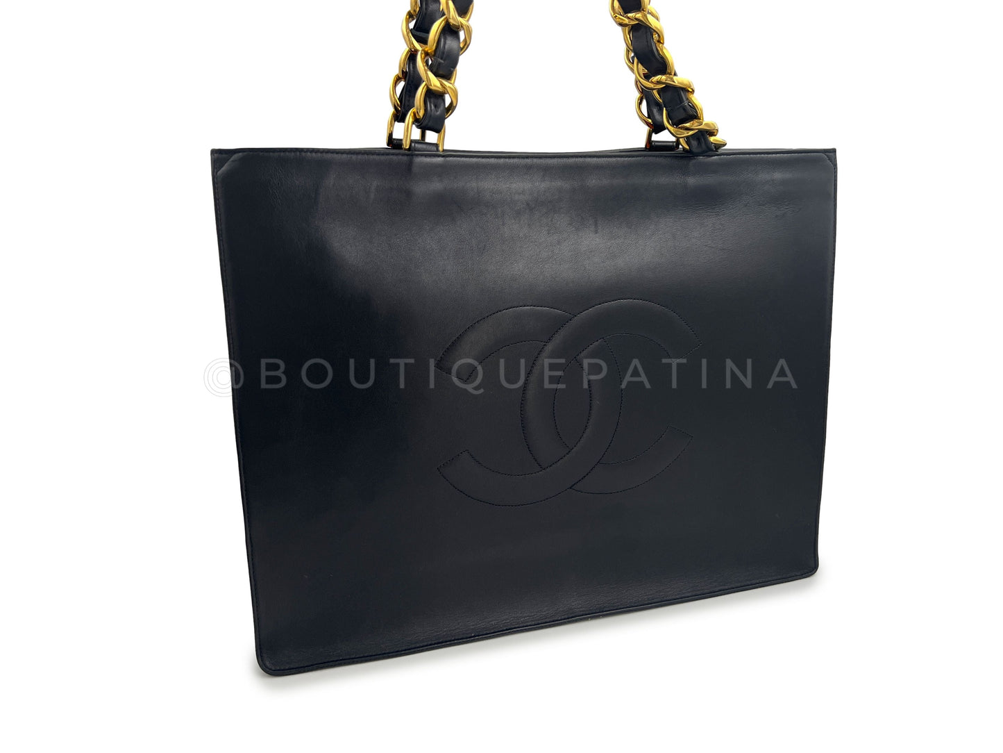 Pristine Chanel 1996 Vintage Black Shopper Tote Bag Chunky Chain 24k GHW Calfskin