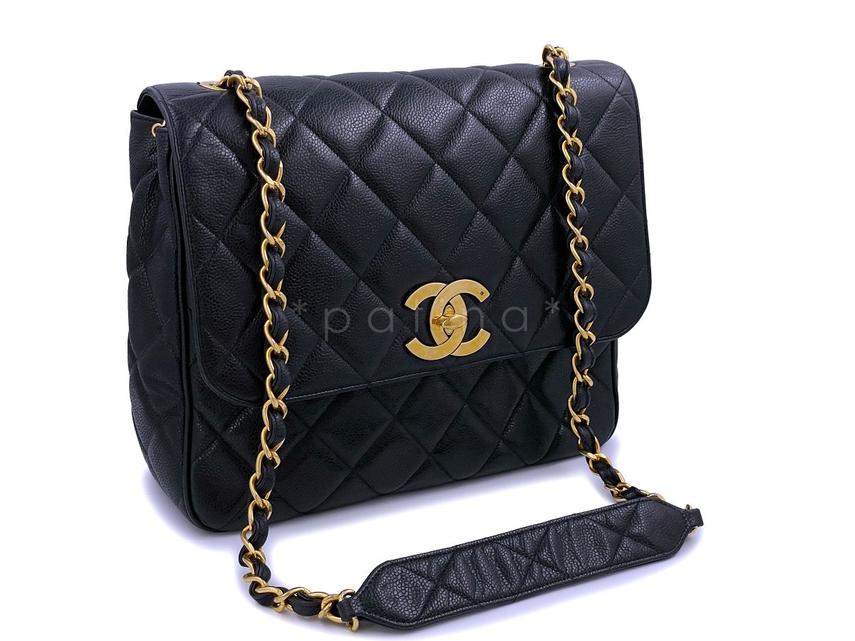 Chanel Vintage Black Caviar Tall Jumbo Classic Crossbody Flap Bag 24k GHW