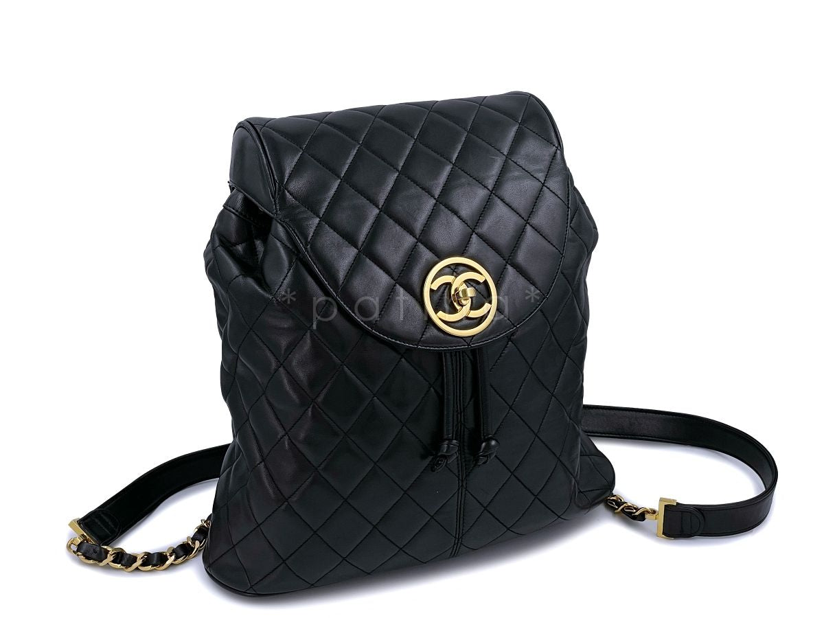 Chanel Vintage 1992 Black Quilted Classic Backpack Bag Encircled CCs